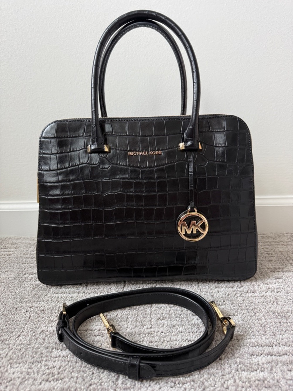 Michael Kors Houston Croc-Embossed Satchel with Gold Hardware